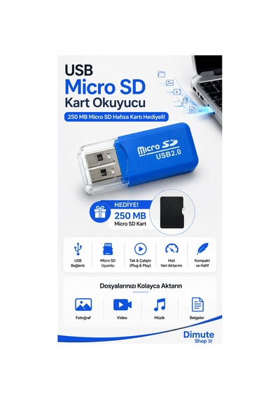 Usb Micro Sd Kart Okuyucu Tf Hafıza Kart Okuyucu + 250 Mb Micro Sd Hediyeli Mavi - 892148298