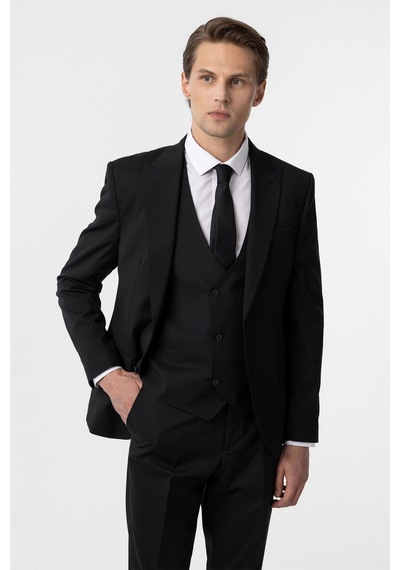 Süvari Siyah Slim Fit Düz Sivri Yaka 6 Drop Yelekli Klasik Takım Elbise