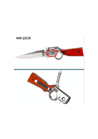 Omeniv Ahşap Saplı Ak47 16cm Kamp Çakı Kamp Bıçak Led Fener Anahtarlık Kahverengi