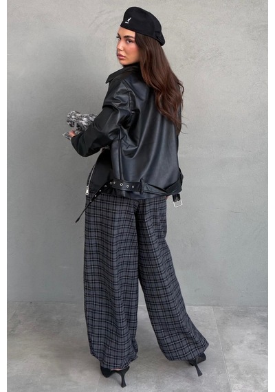 Madmext Siyah Ekose Desenli Beli Lastikli Balon Pantolon Mg2905
