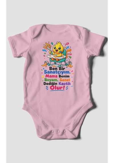 Morivokids Ben Bir Sanatçıyım Yazılı Kısa Kollu Bebek Body %100 Pamuk Koyu Pembe