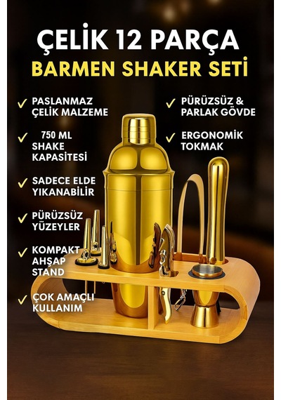 Ahşap Standlı 12 Parça Çelik 750 Ml Shaker Bar Tokmağı Jigger Seti Barmen Seti Altın