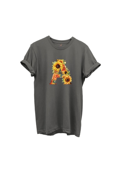 Ayçiçek Desenli A Harfi Baskılı %100 Pamuk Regular Fit Unisex T-shirt Gri