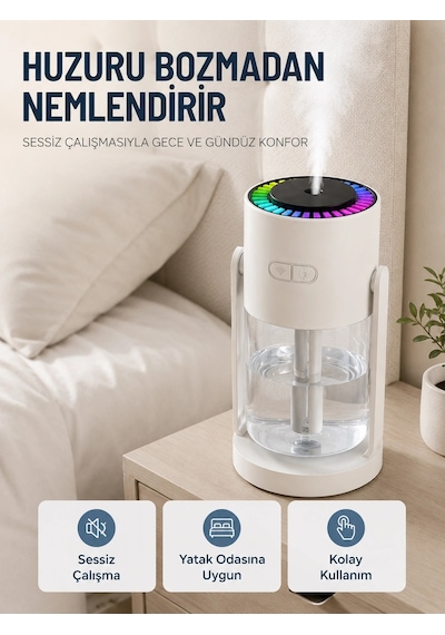 Mey İthalat Taşınabilir Hava Nemlendirici Led Işıklı Şeffaf Hazneli Ev Ofis Yatak Odası Nemlendirme