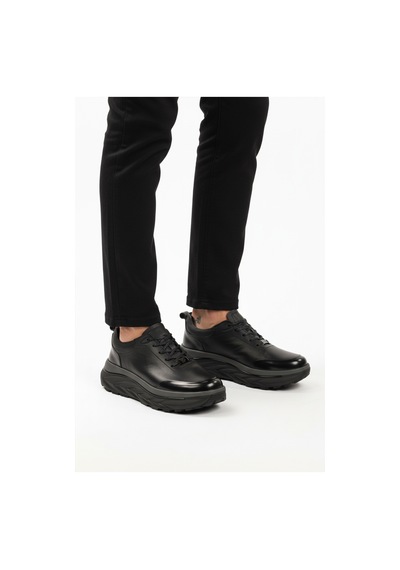 Siyah Hakiki Deri Bağcıklı Erkek Sneaker 152-22390 M Siyah