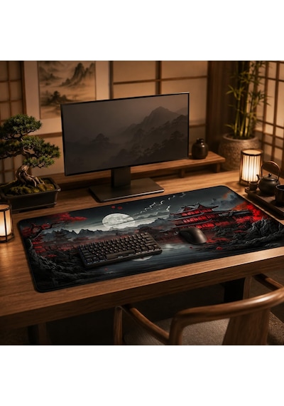 Zen Xxl Mouse Pad 90x40 Cm, Büyük Masa Matı, 3 Mm Dikişli Kenar, Kaymaz Kauçuk Taban, Gaming Mousepad Crimson Temple