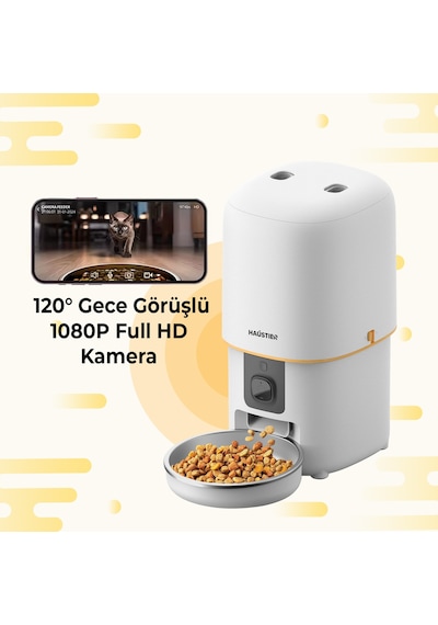 Haustier Pf05 Beyaz Kameralı 1080p Fhd Gece Görüş Akıllı Otomatik Kedi Mama Kabı, Tuya App-wifi Uzaktan Kontrol, Sesle Çağırma, 2.4ghz-5ghz, 4lt Hazne, Metal Kase