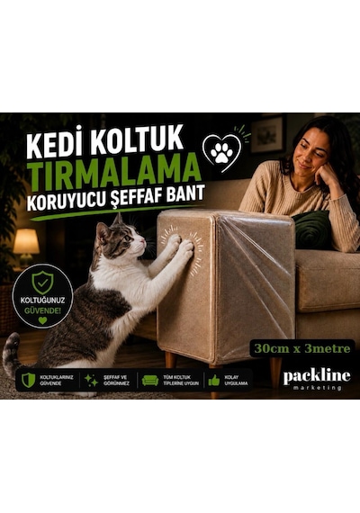 Packline Marketing Kedi Koltuk Tırmalama Koruyucu Şeffaf Yapışkanlı Mobilya Tırmalama Önleyici Bandı 30cm X 3metre