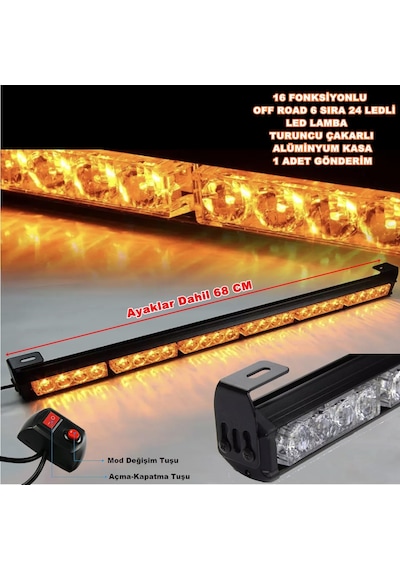 Off Road Led Turuncu Renk 16 Fonksiyon 6 Sıra 24Led 68 cm Düğmeli