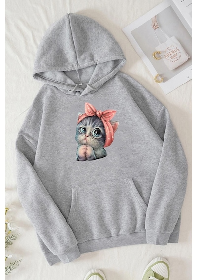 Uyguntarz Unisex Sevimli Kedi Sweatshirt Gri