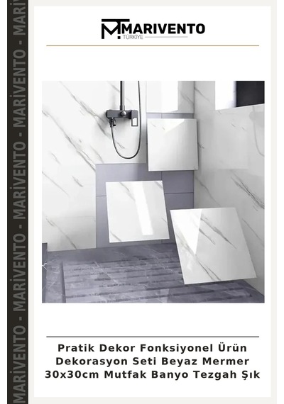 Pratik Dekor Fonksiyonel Ürün Dekorasyon Seti Beyaz Mermer 30x30cm Mutfak Banyo Tezgah Şık