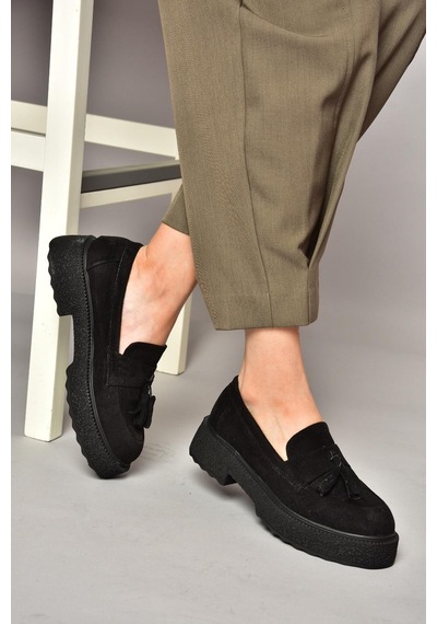 Fox Shoes T996193002 Siyah Süet Kalın Tabanlı Makosen Ayakkabı Siyah