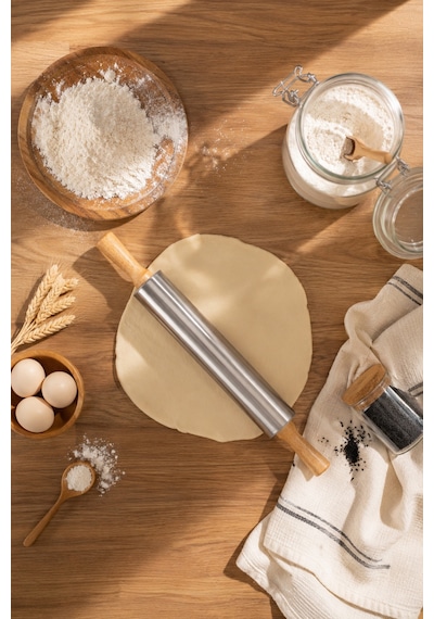 Porsima Mnb05774 Ahşap Saplı Paslanmaz Çelik Merdana Oklava Hamur Pizza Börek Açma Oklava 48cm