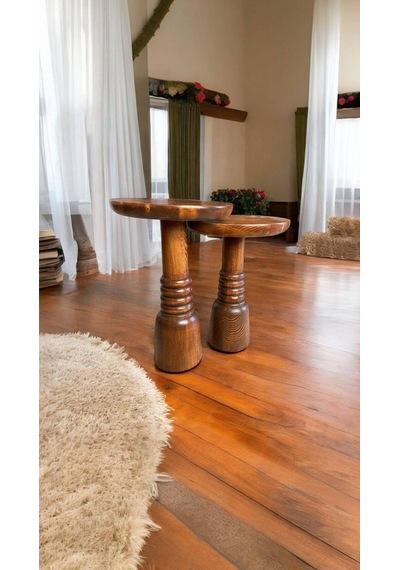 Wood Ahşap 2'li Set Fitilli Mantar Yan Sehpa Modern Fiskos / Açık Ceviz Renk / Zigon Sehpa Vernikli Kahverengi