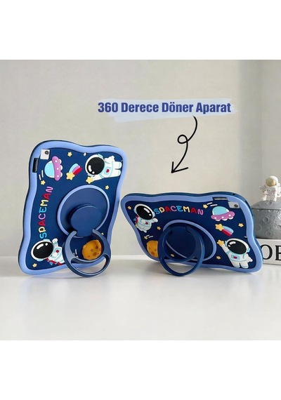 Samsung Galaxy Tab A11 Plus İle Uyumlu Kılıf 360 Derece Döner Stand Yatay Dikey Kullanılabilir, Kawaii Askılı Tasarım Kalem Yuvası Özellikli Sevimli Space-man Tasarımı