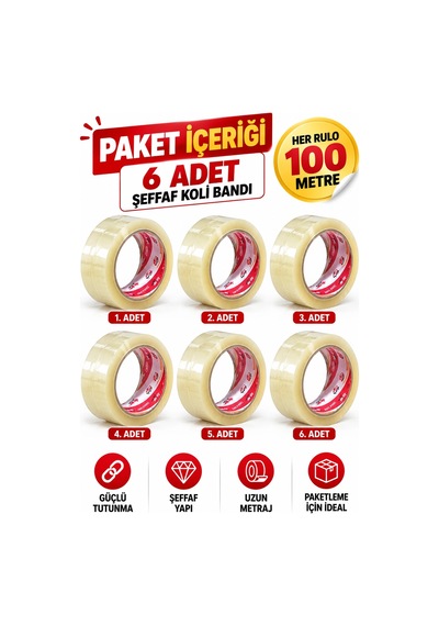 Vege 6 Lı Şeffaf Koli Bandı Seti 100 Metre Toplam 600 Metre Güçlü Yapışkanlı Paketleme Ve Kargo Ba Diğer
