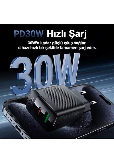 Acefast Pd30w Güç Destekli Gan 1xusb-c + 1xusb-a Çıkışlı Hızlı Duvar Şarj Cihazı - A98
