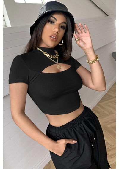 Angbutik Kadın Siyah Göğüs Dekolteli Yarım Kollu Cut Out Crop Top Bluz