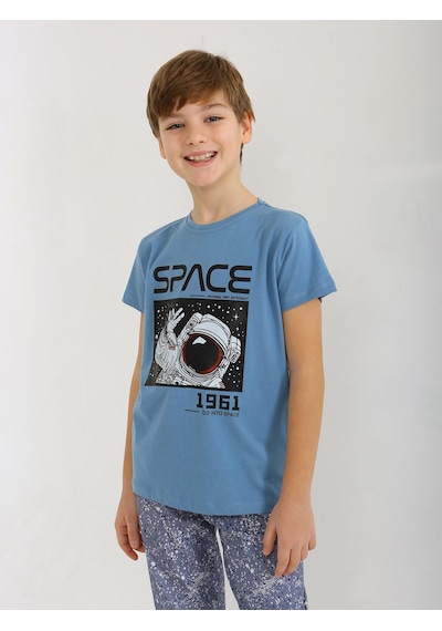 Vitmo Erkek Çocuk Kısa Kollu %100 Pamuklu Pijama Takımı Go Space Koyu Mavi