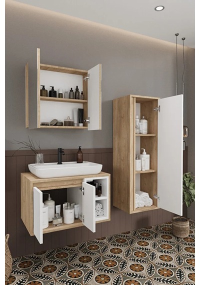 Lale Beyaz 70 Cm Set %100 Mdf Lavabolu Banyo Dolabı Aynalı Dolap Boy Dolabı Beyaz Meşe Lale Beyaz 70 Cm Set %100 Mdf Lavabolu Banyo Dolabı Aynalı Dolap Boy Dolabı Beyaz Meşe
