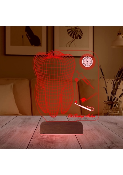 Luvivia Diş Doktoru Hediye Diş Hekimi İmplant Kişiye Özel Metal Saatli 3d Lamba - Masa Gece Lambası Şeffaf