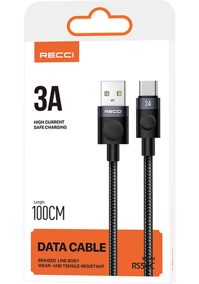 Recci Rs50c Usb-a To Type-c Örgü Tasarımlı Hızlı Şarj Özellikli Data Ve Şarj Kablosu 1m Siyah