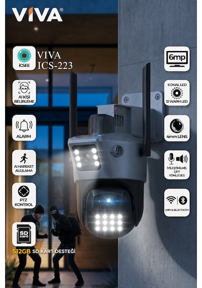Viva Ics-223 6mp Çift Lensli Wifi Akıllı Güvenlik Kamerası 3mp+3mp Ptz Ip66 Su Geçirmez Gece Görüşlü Aı Takip