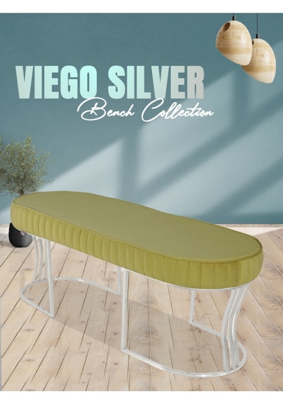 Viego Silver Striped- Hardal Kapitoneli Chester Model Puf & Bench & Koltuk & Uzun Makyaj Puff & Yatak Ucu &önü