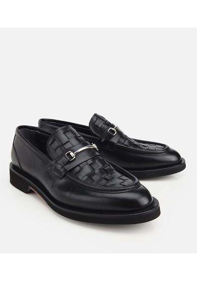 Hotiç Erkek Deri Siyah Örme Metal Detaylı Klasik Loafer