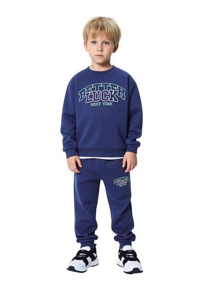 Frm Erkek Çocuk Örme Slogan Baskılı Oversize Takım Rahatlık Ve Tarz B Mavi