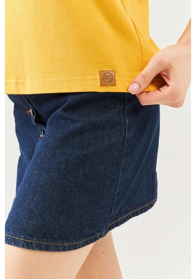 Kadın Oversize Rahat %100 Pamuklu Penye Bisiklet Yaka Kısa Kol Basic T-shirt Hardal
