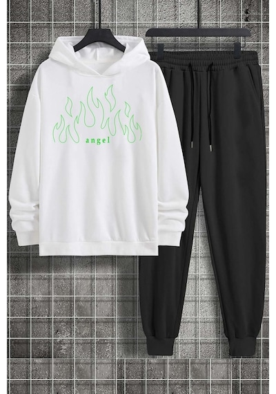 Uyguntarz Unisex Kapuşonlu Beyaz Ön Green Angel Baskılı Eşofman Takımı