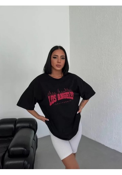 Hazego Unisex Bisiklet Yaka Baskılı Oversize T-shirt - Siyah Siyah