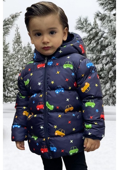 Erkek Çocuk Polarlı Kapüşonlu Gezegen Yıldız Desenli Kışlık Şişme Mont & Kaban & Parka Lacivert