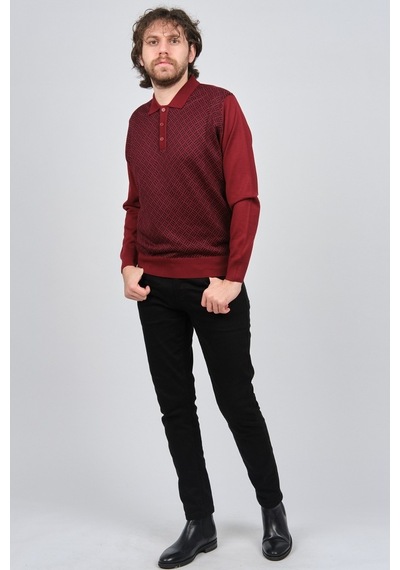 Pave Erkek Polo Yaka Desenli Yün Kazak 4537134 Bordo Bordo