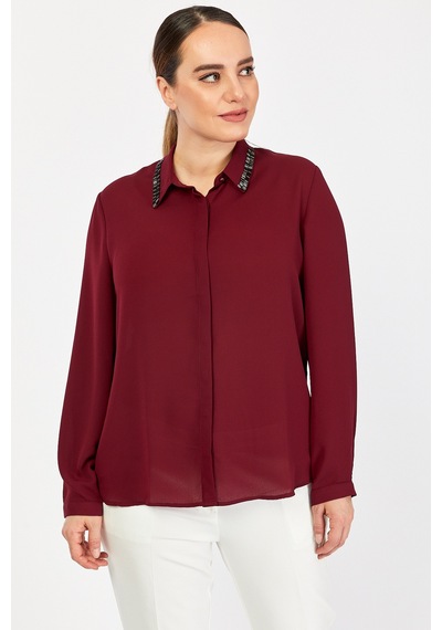 Pera Moda Büyük Beden Yaka Boncuklu Gömlek Bordo