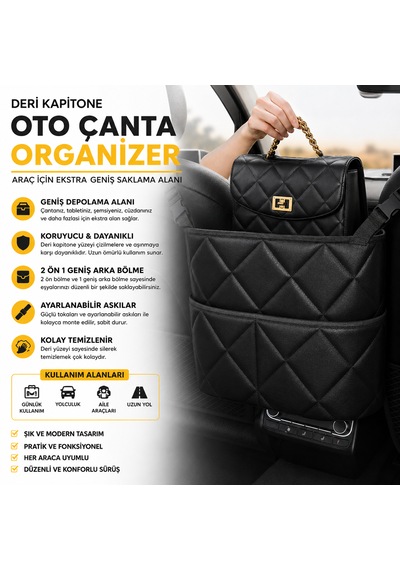 Microcase Kapitone Desen Oto Ön Koltuk Arası Çift Yönlü Çanta Termos Malzeme Organizer Düzenleyici Al5683