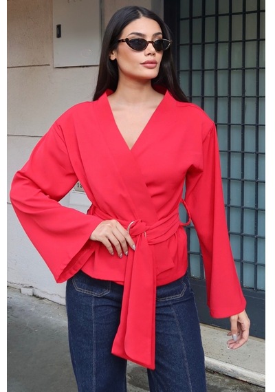Kechi Woman Krep Kumaş Kruvaze Kemerli Kimono Bluz Kırmızı