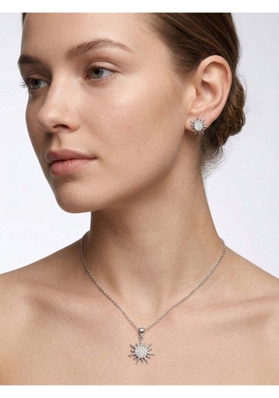Oya Silver Zirkon Taşlı Güneş Gümüş Kolye Ve Küpe Seti Oysy264
