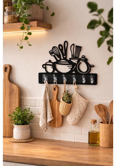 Mutfak Temalı Duvar Askılığı 6 Kancalı Mdf Duvar Askısı 39 X 29 Cm Siyah Siyah
