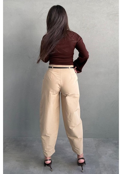 Madmext Bej Modern Kesim Kemerli Yüksek Bel Bol Paça Kumaş Pantolon Mg2618 Bej
