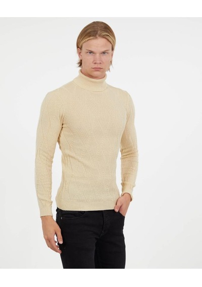 Elku Moda Erkek Boğazlı Triko Kazak Pamuklu Kendinden Desenli Balıkçı Yaka Slimfit Kazak Krem