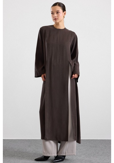 Olcay Derin Yırtmaçlı Oversize Uzun Tunik Kahve 9838