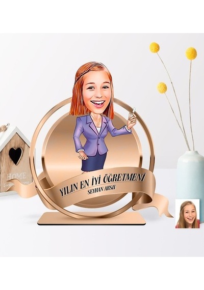 Kişiye Özel Yılın En Iyi Bayan Öğretmeni Karikatürlü 3D Ahşap Bib