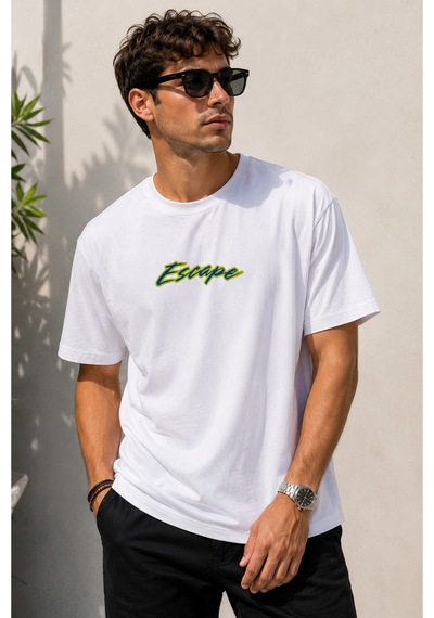Me Selection Escape Tasarım %100 Pamuk Unisex Basic Tişört Beyaz