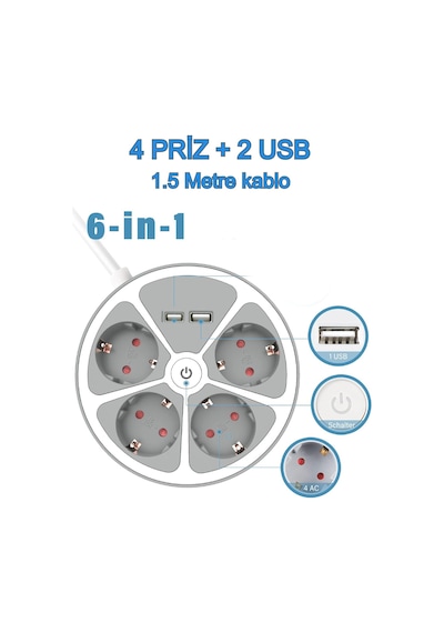 Priz 4 Bölmeli 2 Usb Grişli Yuvarlak Çoklu Grup Priz Çocuk Korumalı Anahtarlı 1.5 Metre Kablolu 1