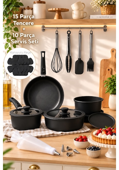 Porsima Perotti 25 Parça Mutfak Seti - 15 Parça İndüksiyonlu Seramik Kaplama Tencere Tava Seti - 10 Parça Pasta Ve Tatlı Servis Seti Siyah