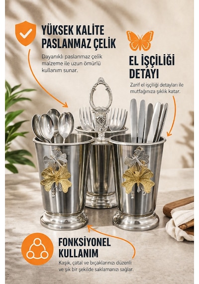 Gümüş Kaplamalı Lüks Kaşıklık 2 Bölmeli Mutfak Sunumluk Çeyizlik Sofra Organizeri Zenith