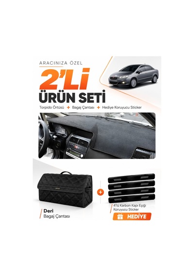 Fıat Linea 2007-2015 Uyumlu Torpido Örtüsü + Deri Bagaj Çantası + Sticker Seti - Siyah