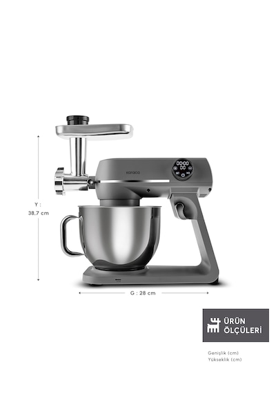 Karaca Multichef Artisan Kıyma Çekme/ Sucuk-sosis/içli Köfte Aparatlı Digital Ekran Tam Döküm Kıyma Aparatlı Hamur Yoğurma Makinesi Anthracite 7l Pro Artisan